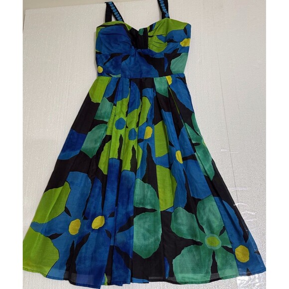JAX Designer Blue Green Floral Cotton Silk Blend Sundress Size 6 Wedding Guest‎ - Picture 2 of 16